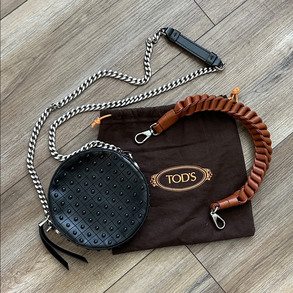 TOD'S Black Studded Round Leather Crossbody with Brown Braided Strap